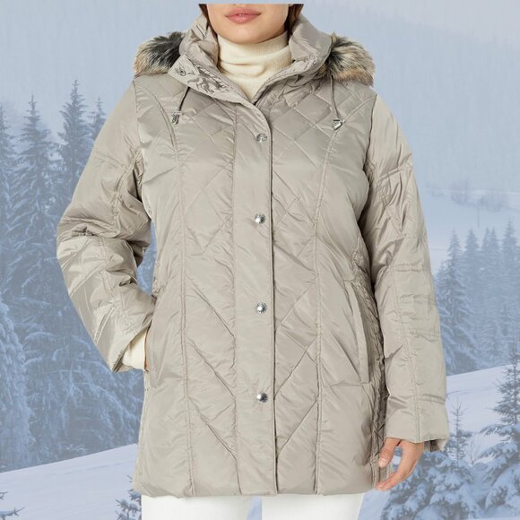 NWT - London Fog Faux-Fur-Trimmed Down Puffer Coat w/Hood - Pearl - Picture 3 of 11